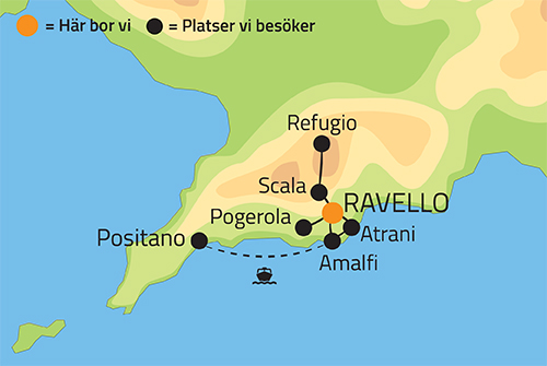 Geografisk karta ver Italien, kulinariska vandringar p Amalfikusten 
